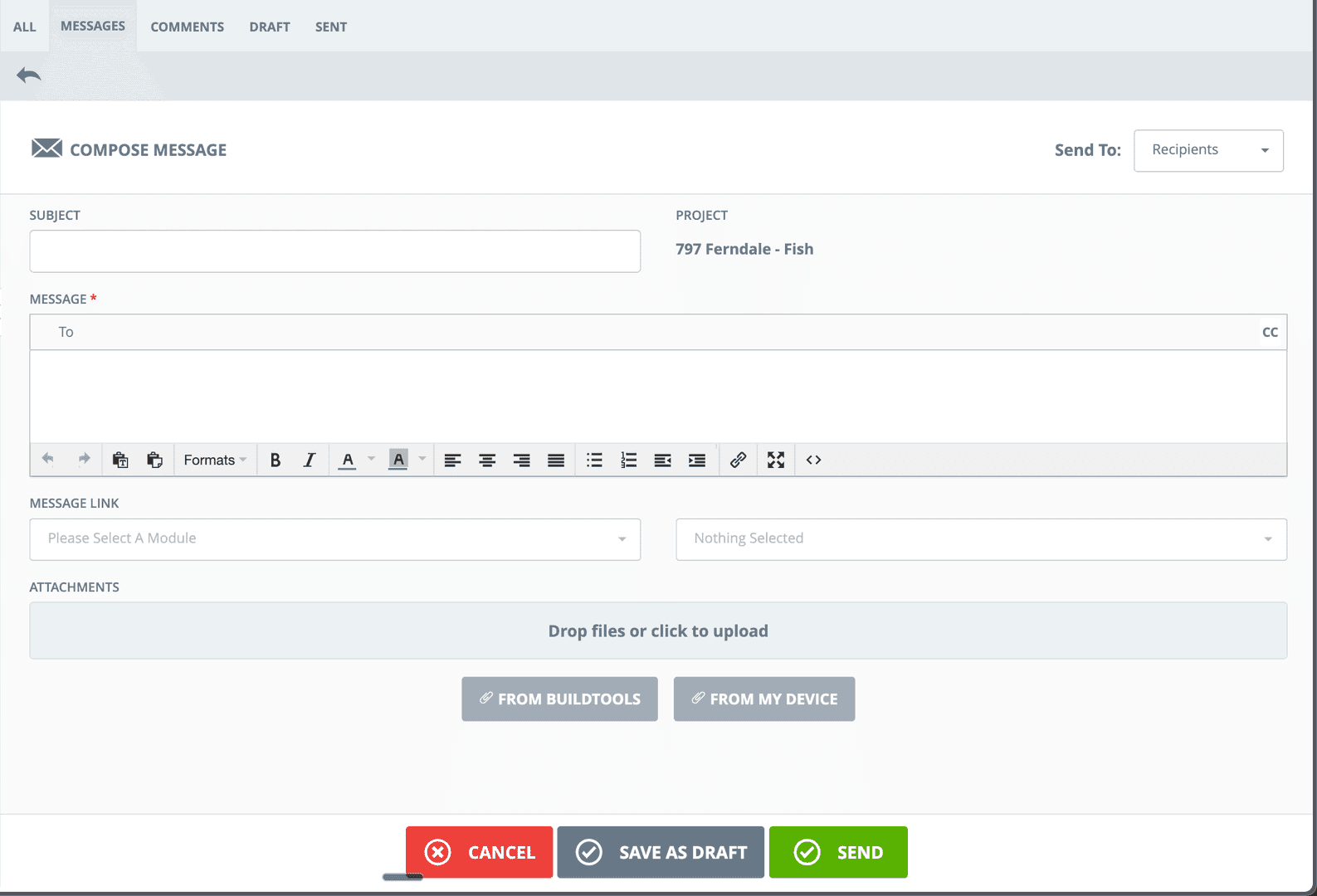 BuildTools message composer with rich text editing, attachments, and project linking